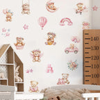 Children's room with teddy bear and flower wall decals, a growth chart, and a dollhouse.