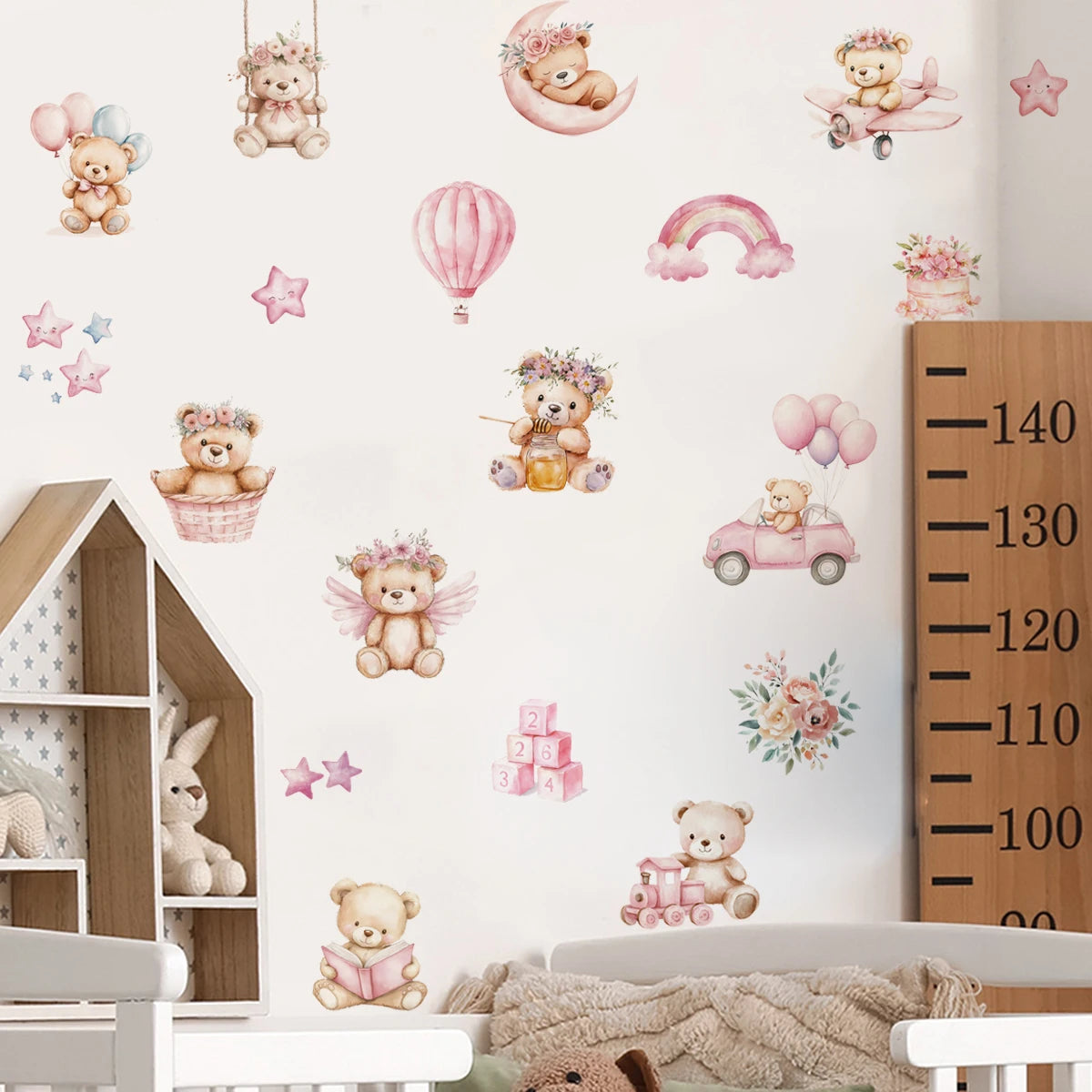 Children's room with teddy bear and flower wall decals, a growth chart, and a dollhouse.