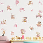 Wall stickers with teddy bears, flowers, and toys on a light pink background