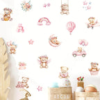 Wall stickers with teddy bears, flowers, and other decorative elements on a white background