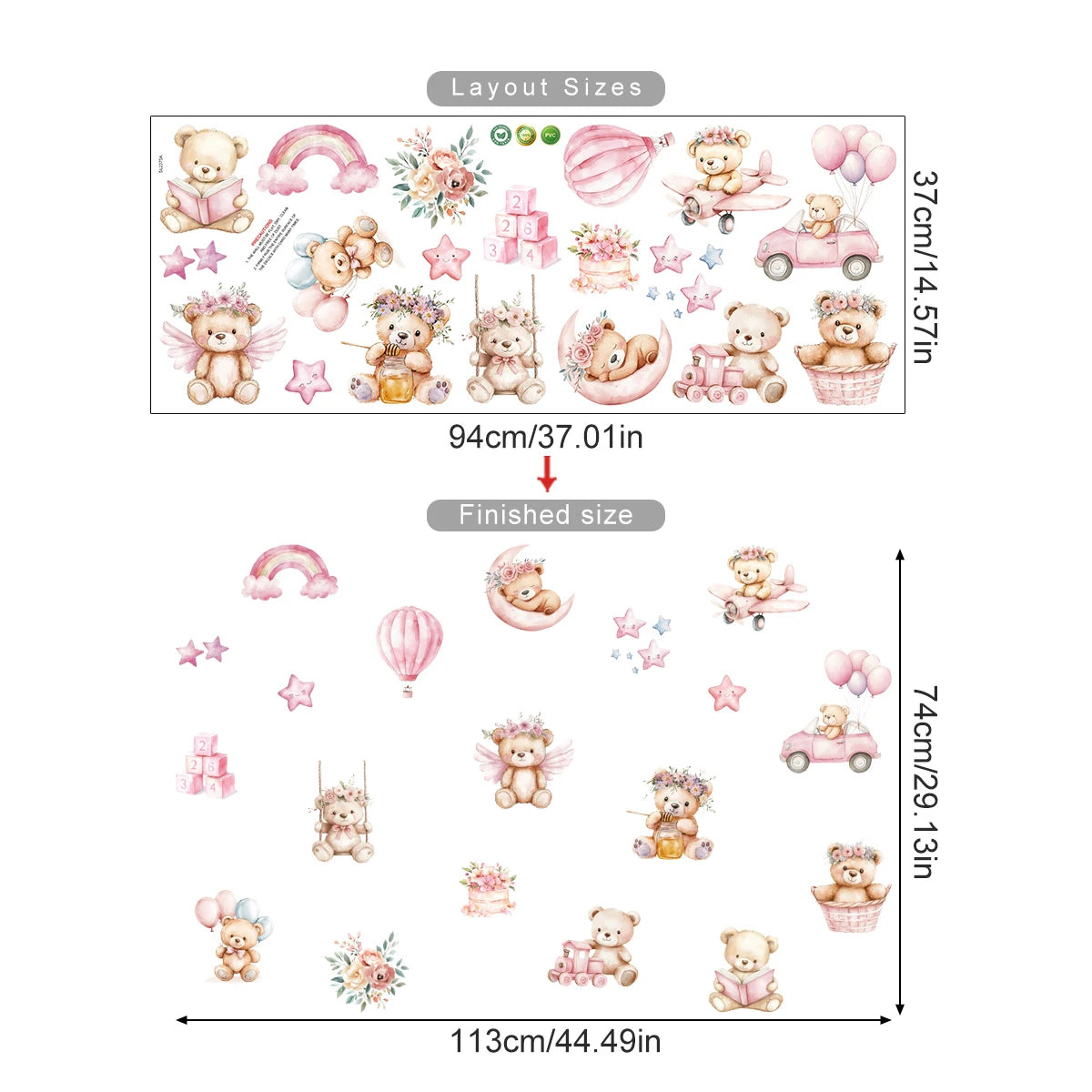 Set of decorative stickers with teddy bears, flowers, and other elements on a white background.