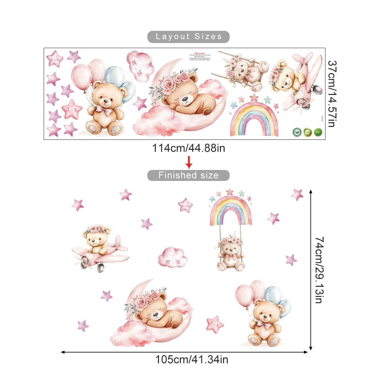 Wall stickers with teddy bears, clouds, and rainbows on a white background