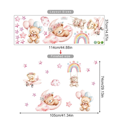 Wall stickers with teddy bears, clouds, and rainbows on a white background