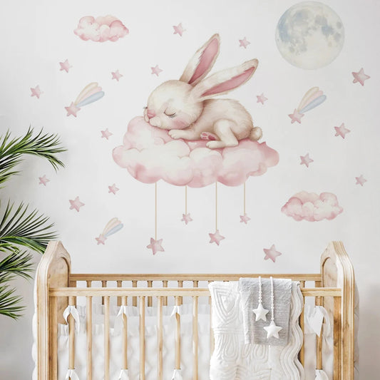 Pink Sleeping Bunny & Moon Wall Decal – Soft Pastel Watercolor Nursery Wall Stickers for Baby Girl’s Room Creative DIY Home Decor