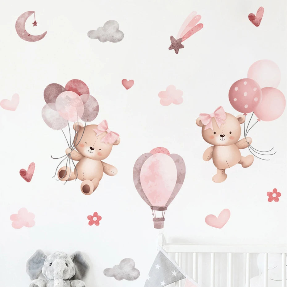 Children's wall stickers with teddy bears, balloons, and clouds on a white background.