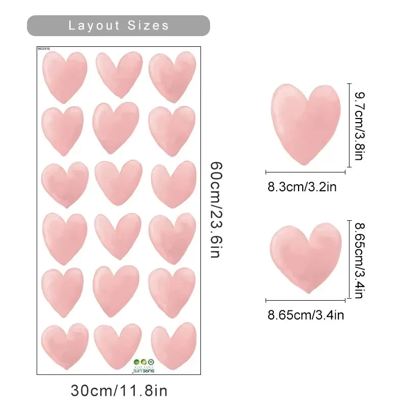 Heart-shaped stickers with layout sizes and dimensions on a white background