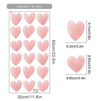 Heart-shaped stickers with layout sizes and dimensions on a white background