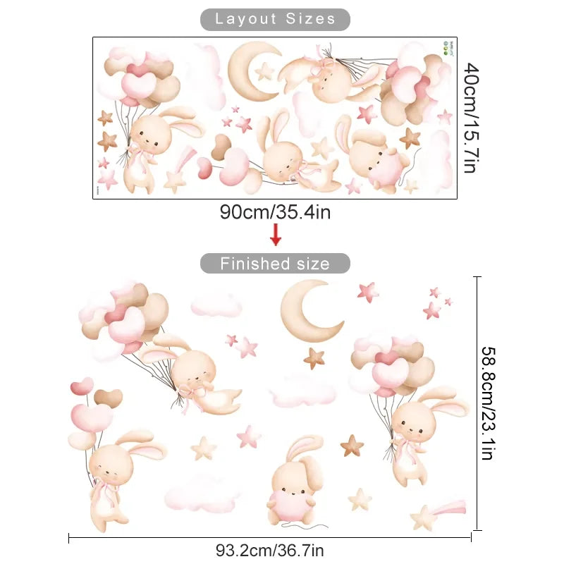 Wall decal with cartoon rabbits holding balloons and stars, showing layout sizes on a white background.