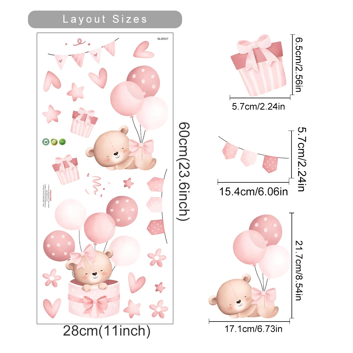 Wall stickers with baby bear design, balloons, and gift boxes with layout sizes displayed.