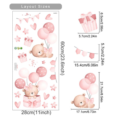 Wall stickers with baby bear design, balloons, and gift boxes with layout sizes displayed.