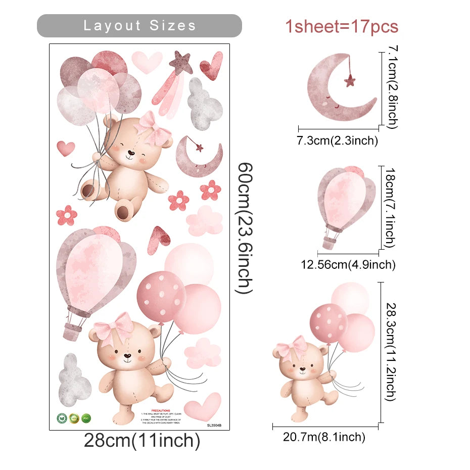 Wall stickers with teddy bears, balloons, and stars, including layout sizes and dimensions.