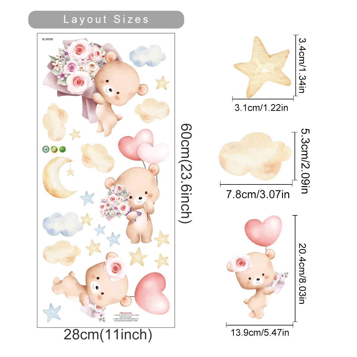 Wall stickers with teddy bears, flowers, and stars, including measurements.