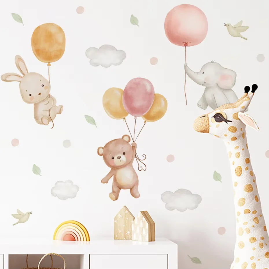 Children's wall stickers with animals and balloons on a white background