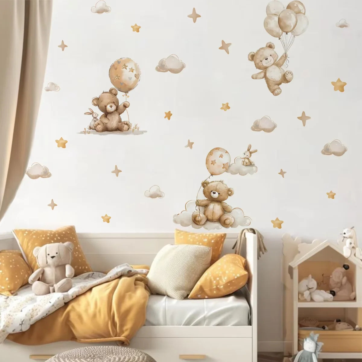 Children's room with teddy bear and balloon wall decals on a white wall.