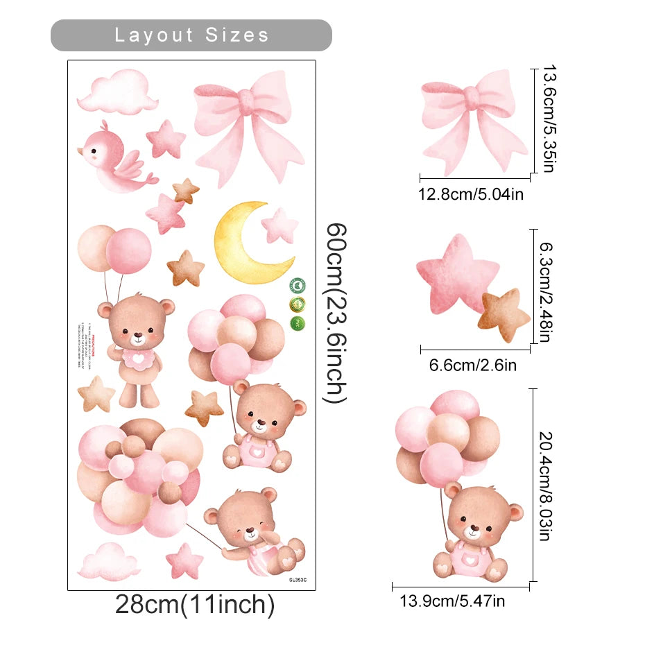 Wall stickers with teddy bears, balloons, and decorative elements with layout sizes displayed.
