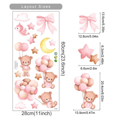 Wall stickers with teddy bears, balloons, and decorative elements with layout sizes displayed.