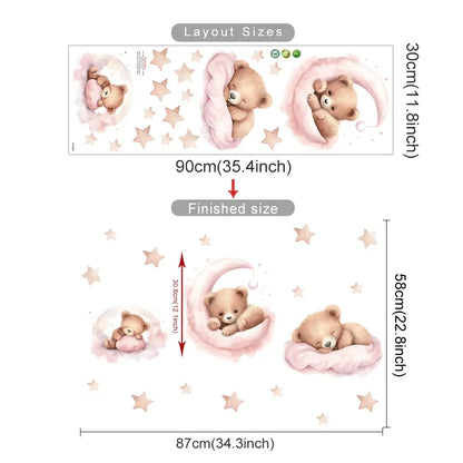 Measurement chart for teddy bear wall stickers with layout sizes and dimensions.