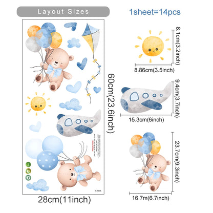 Wall sticker layout with teddy bears, balloons, and airplane on a white background