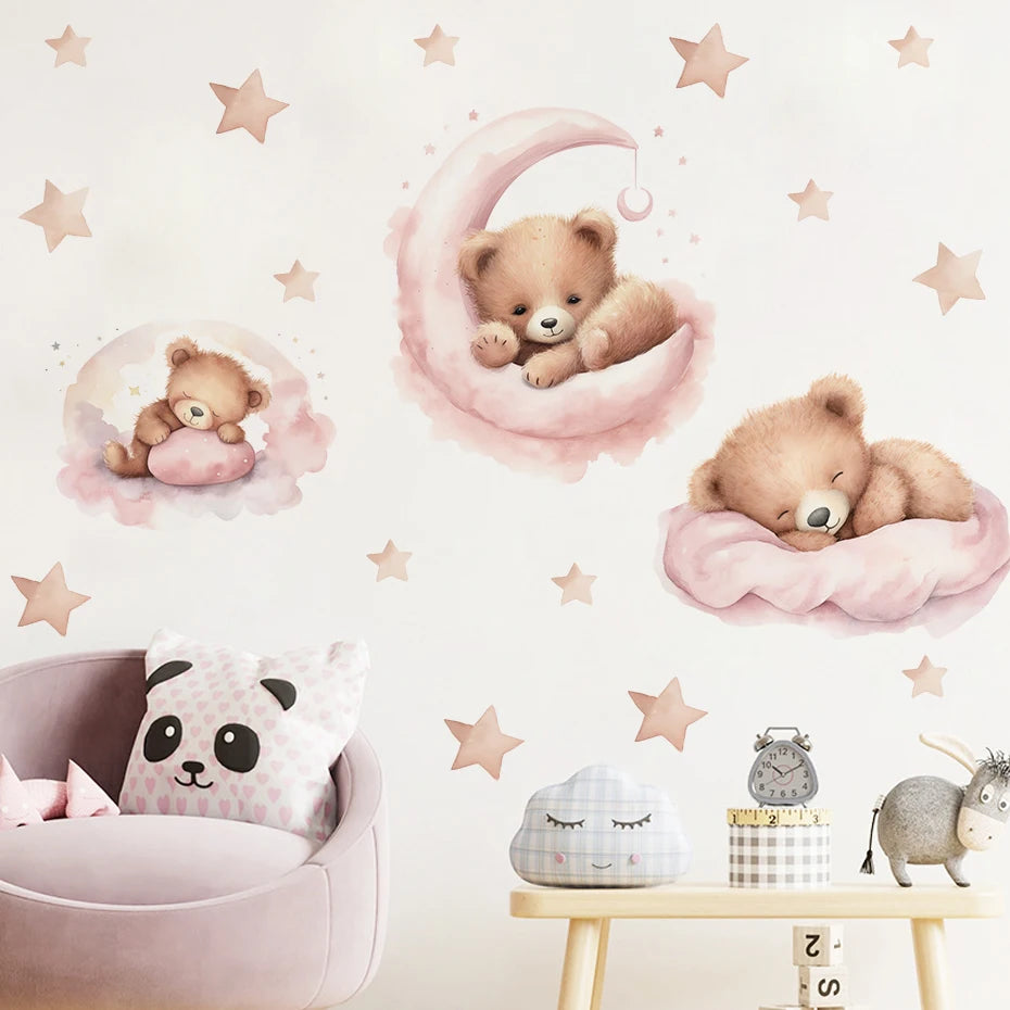Children's room with teddy bear wall decals, soft furniture, and decorative items.