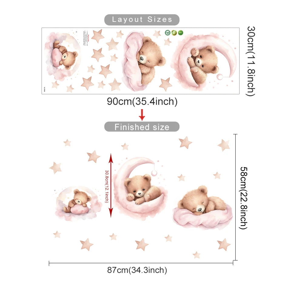 Measurement chart for wall stickers with teddy bears and stars, showing layout sizes and finished dimensions.