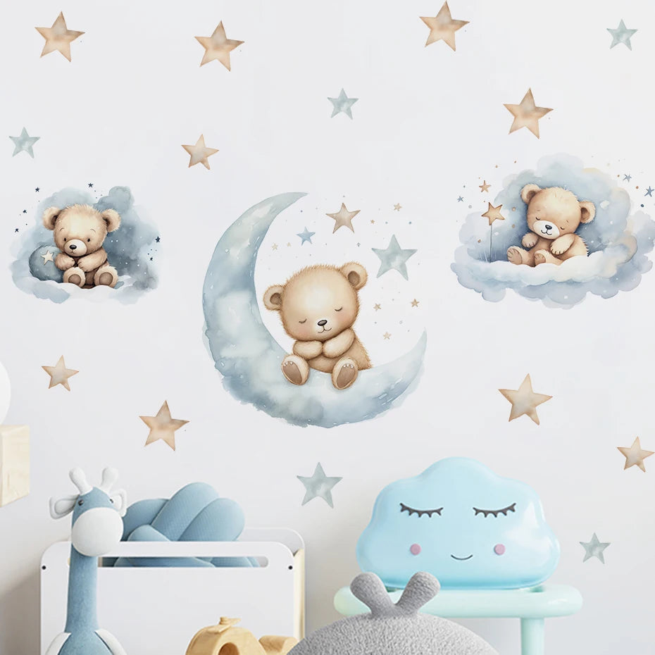Children's room with teddy bear wall stickers, cloud, and star decorations.