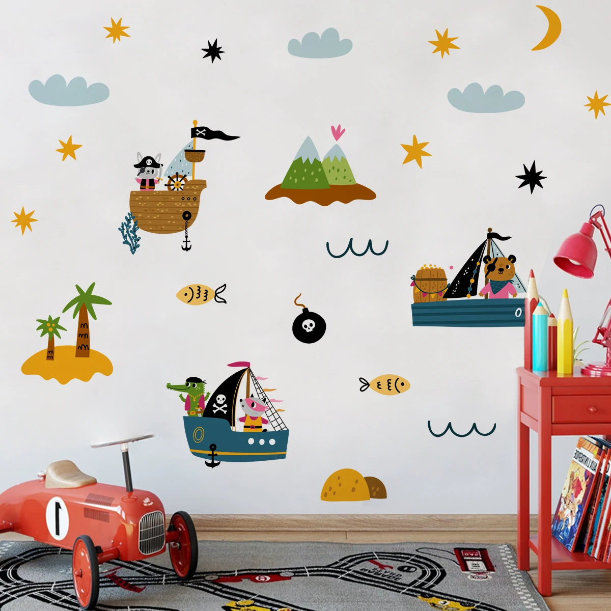Pirate Ship & Desert Island Wall Decals – Nautical Adventure Wall Stickers for Kids’ Bedroom or Nursery Decor