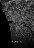 Black and white map of Porto, Portugal on a black background