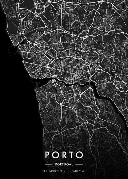 Black and white map of Porto, Portugal on a black background