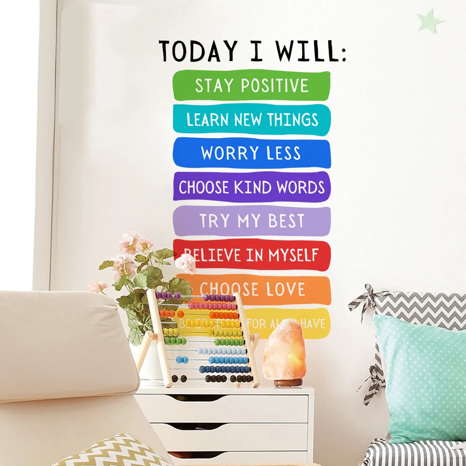 Positive Inspirational Affirmations Wall Decal – Colorful Watercolor Vinyl Wall Art for Children's Bedroom, Playroom & Kindergarten Decor