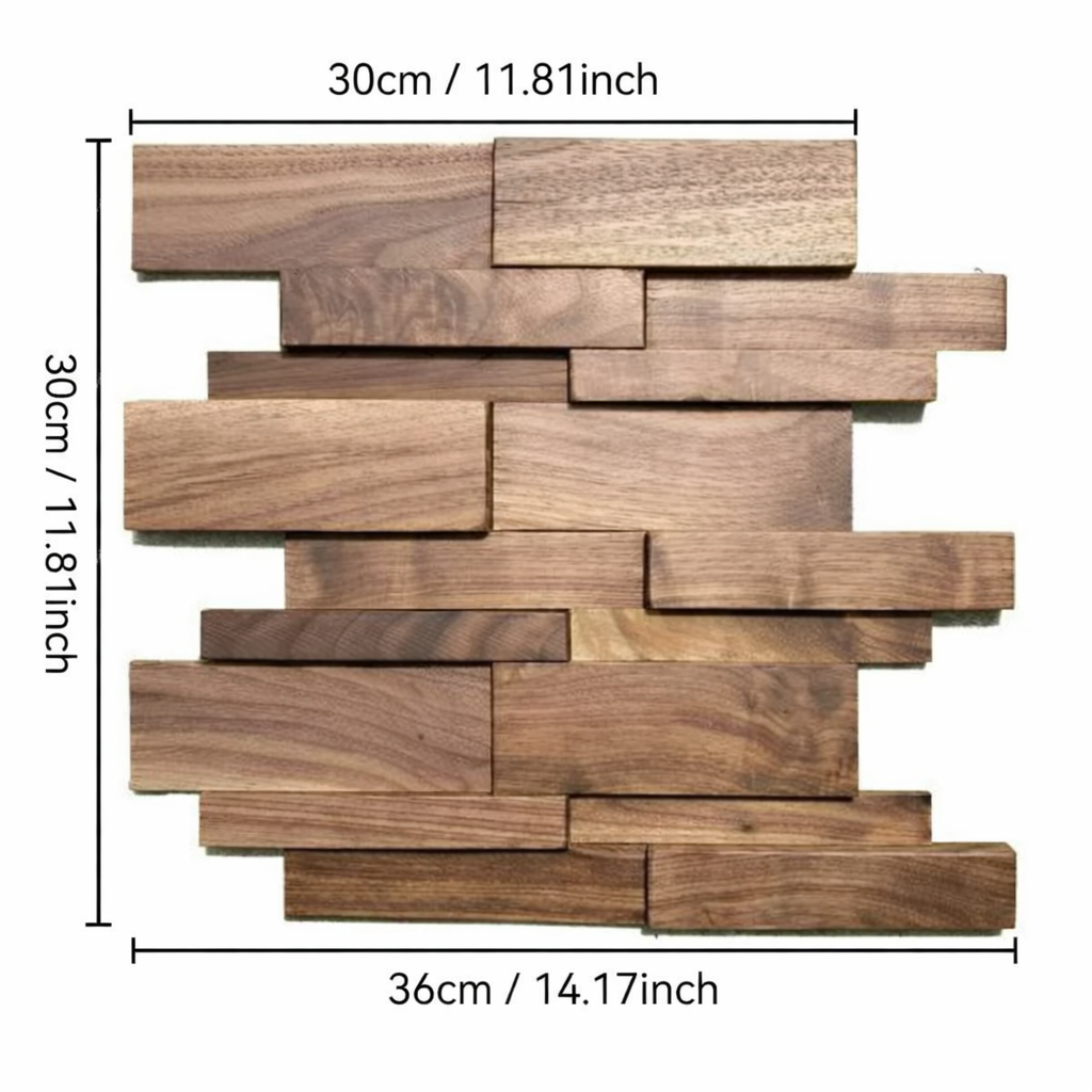 Wooden mosaic tile sample with dimensions on a white background