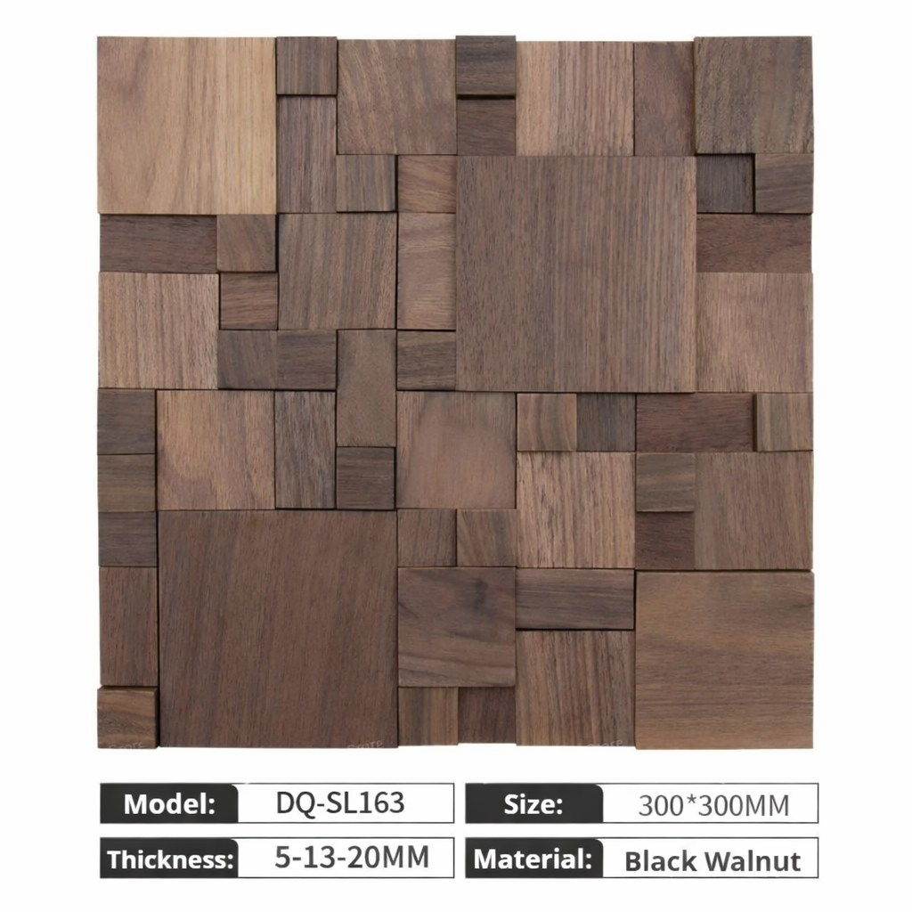 Wooden wall panel with black walnut material, model DQ-SL163, size 300x300mm, thickness 5-13-20mm.