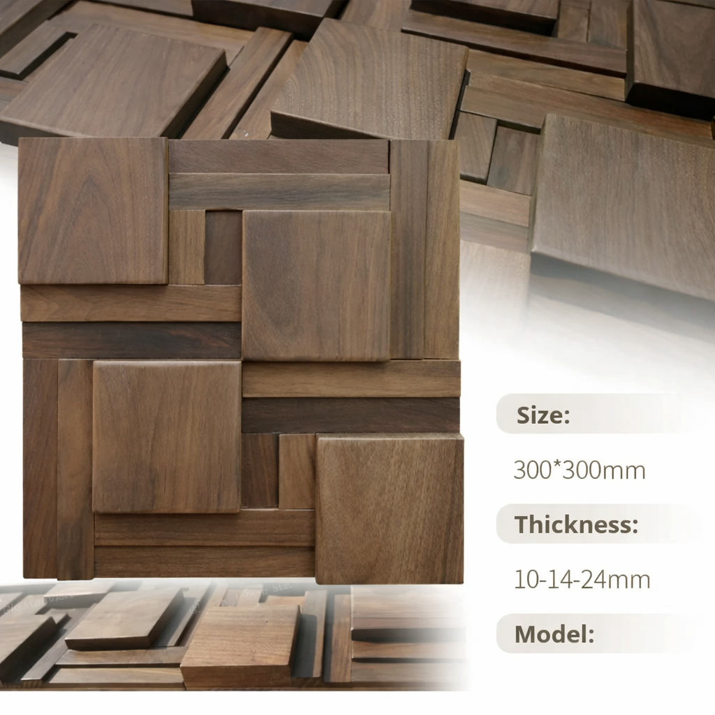 Wooden square panels with size, thickness, and model information displayed.