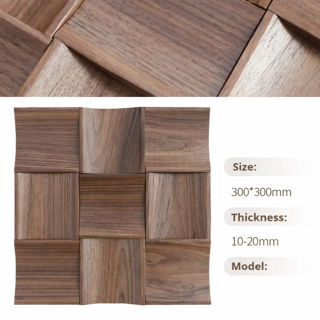 Wooden mosaic tiles with size, thickness, and model information displayed.