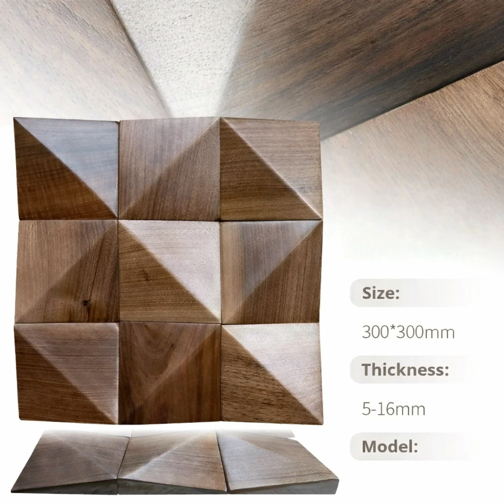 Wooden wall panel with geometric design on a plain background
