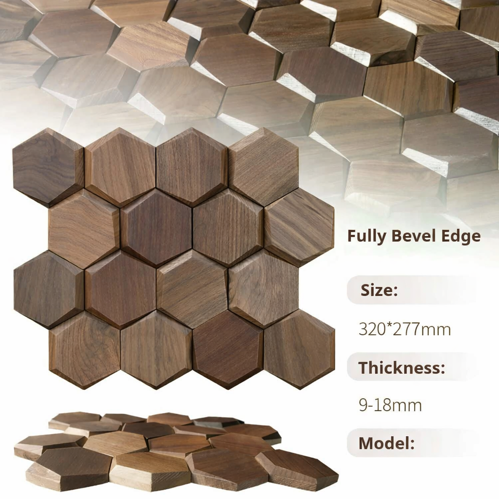 Hexagonal wooden mosaic tiles with beveled edges on a white background