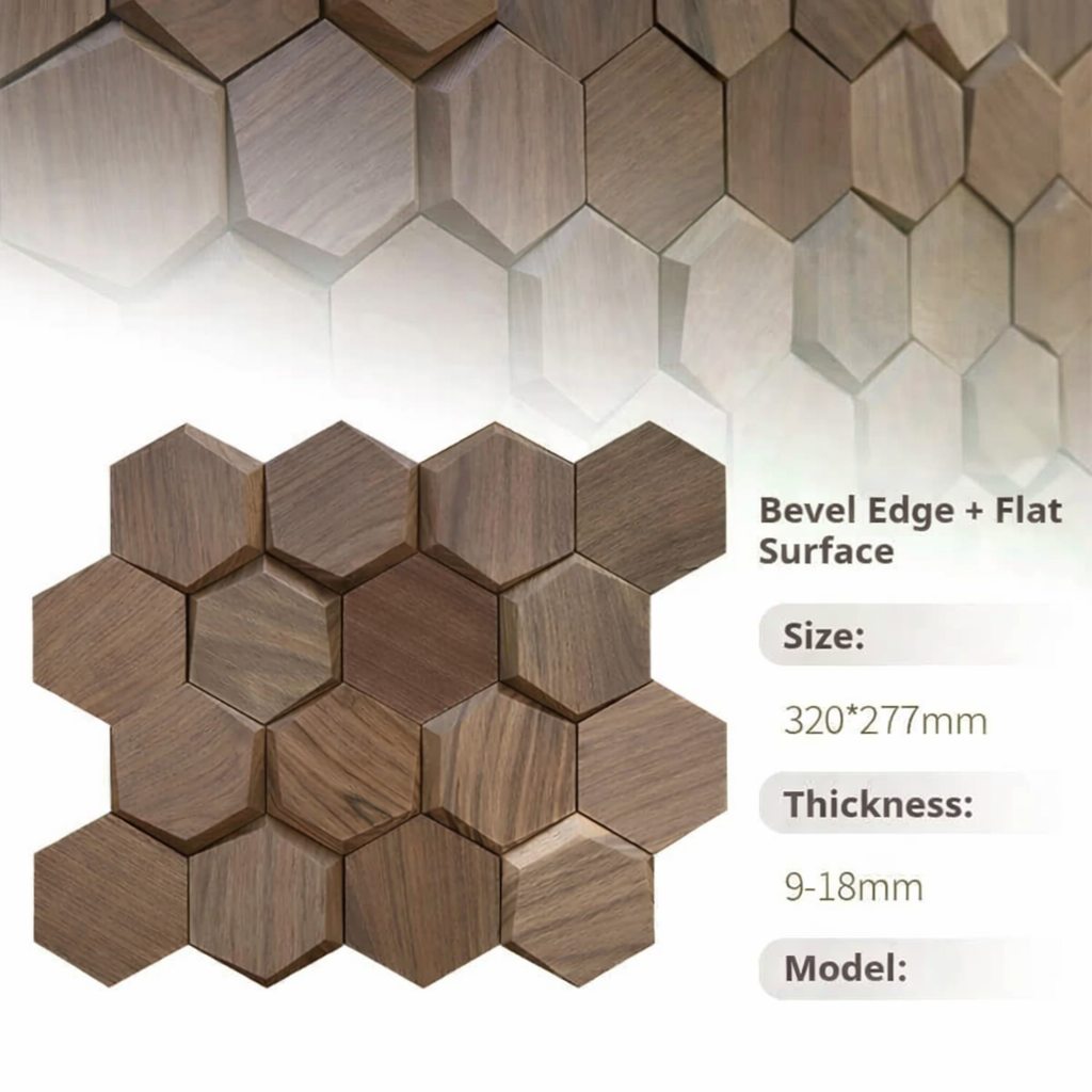 Hexagonal wooden tiles with bevel edge and flat surface on a white background