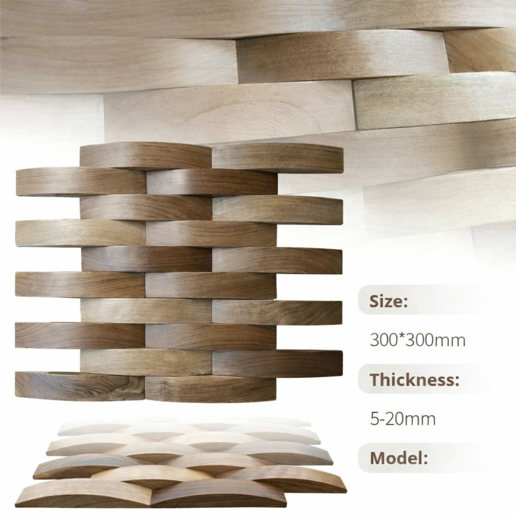 Wooden wall panel with wavy design and product details on a white background