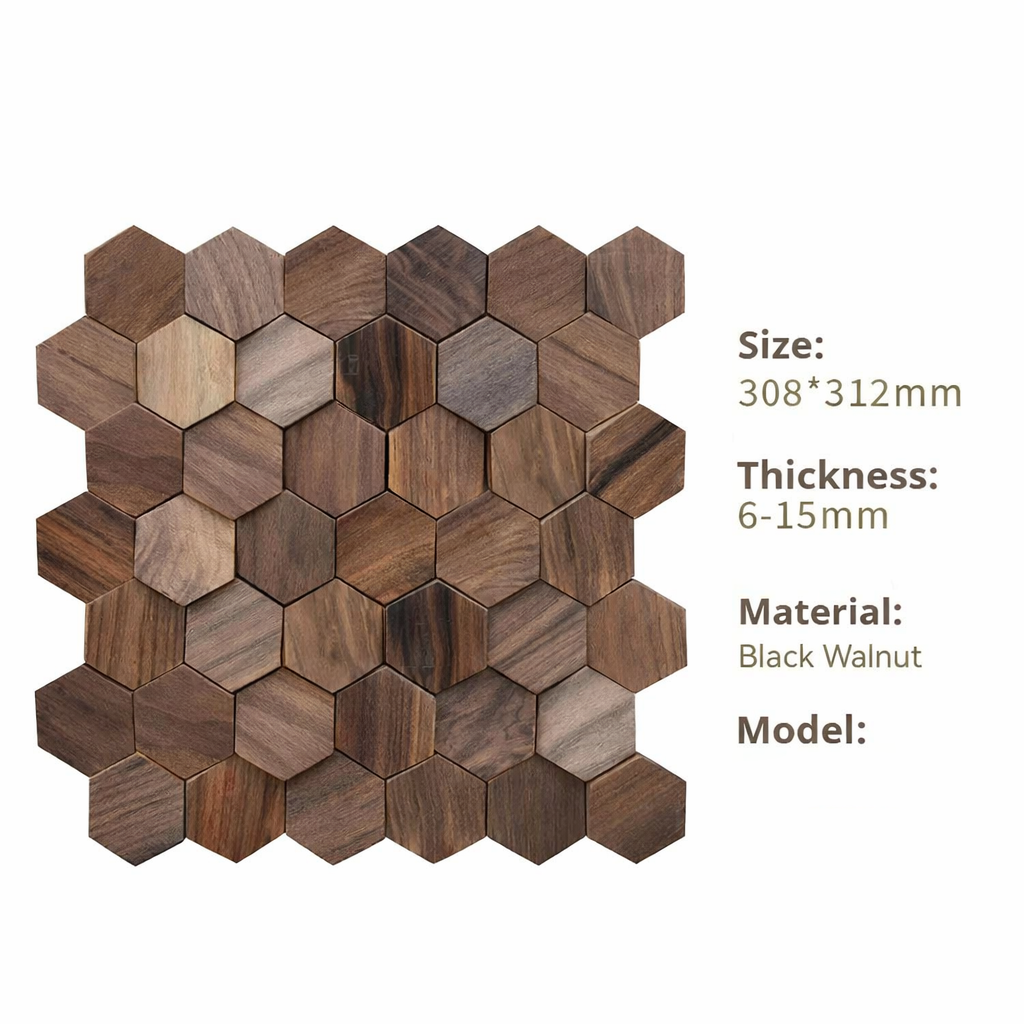 Hexagonal wooden mosaic tiles with size, thickness, material, and model information on a white background.