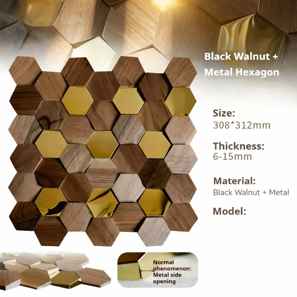 Hexagonal black walnut and metal mosaic tiles with product details.
