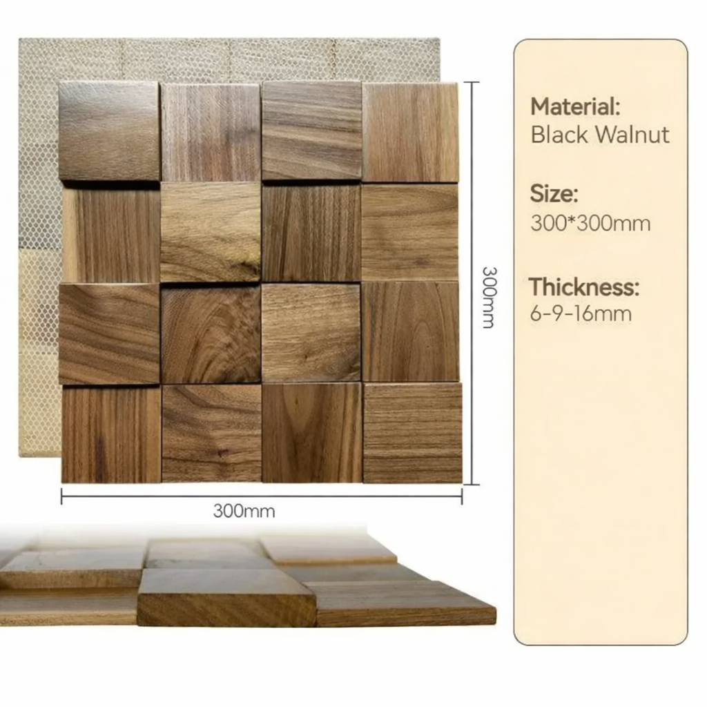 Wooden mosaic tiles with dimensions and material information on a beige background