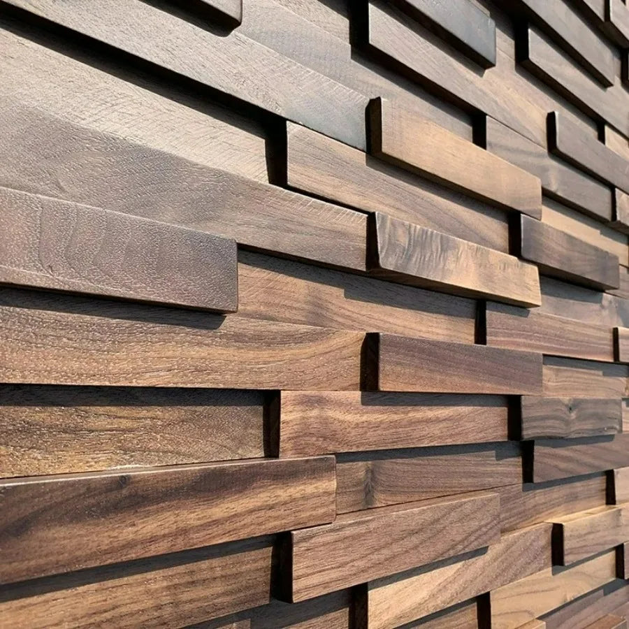 Close-up of a wooden wall panel with horizontal slats