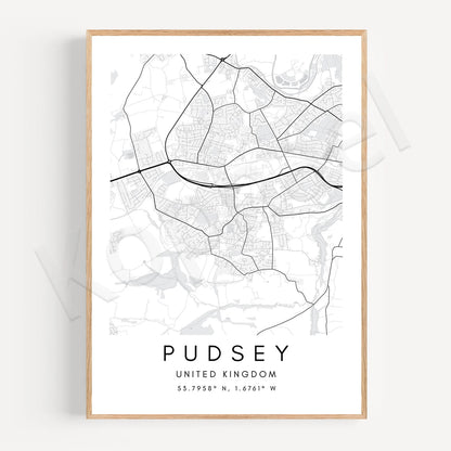 Pudsey City Map Posters Wall Map Wall Art Black White Fine Art Canvas Prints Stylish Minimalist Posters For Home/Office