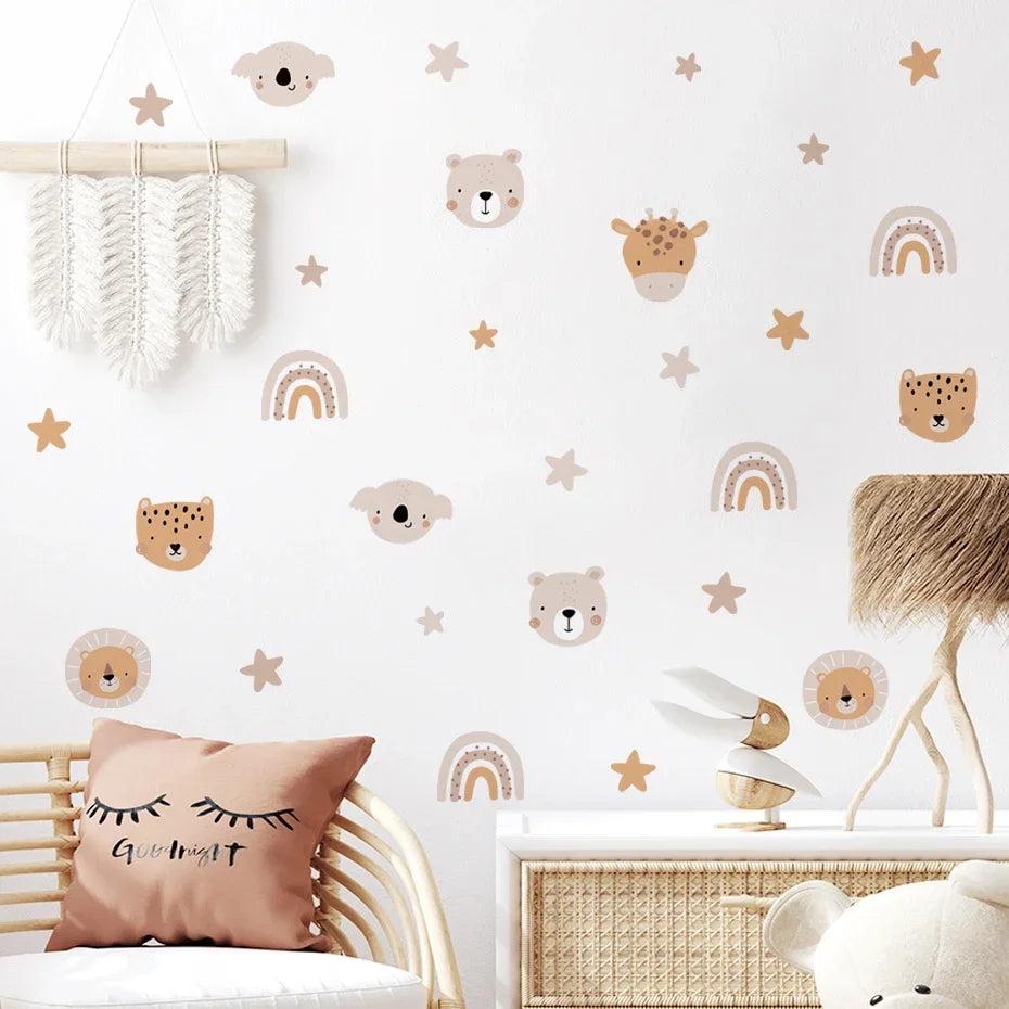 Children's room with animal and rainbow wall decals on a white wall.