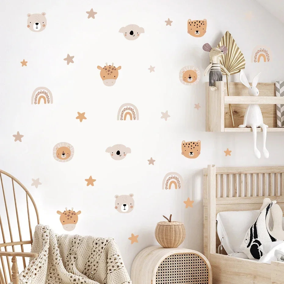 Rainbow Bear & Star Wall Decals – Cute Animals Boho Nursery Art Stickers for Kids Room Girls Bedroom Baby Space Creative DIY Home Decor