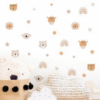 Children's room with animal-themed wall decals and toys on a white background