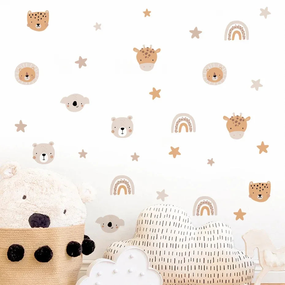 Children's room with animal-themed wall decals and toys on a white background