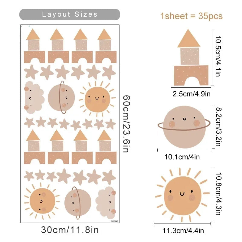 Sheet of decorative stickers with castle, star, moon, and sun designs, showing layout sizes and dimensions.