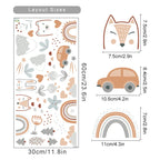Set of decorative stickers with various shapes and sizes, including a fox, car, rainbow, and flowers, with measurements provided.