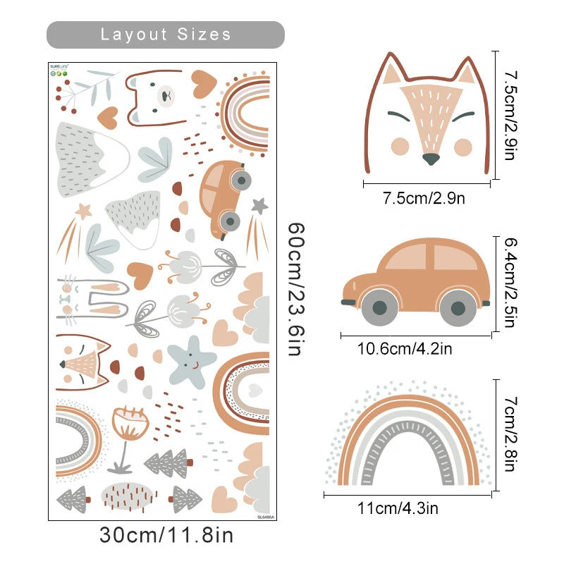 Set of decorative stickers with various shapes and sizes, including a fox, car, rainbow, and flowers, with measurements provided.
