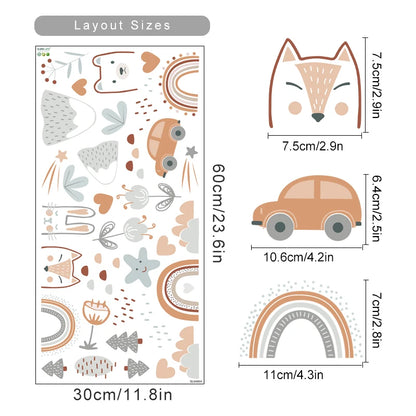 Set of decorative stickers with various shapes and sizes, including a fox, car, rainbow, and flowers, with measurements provided.